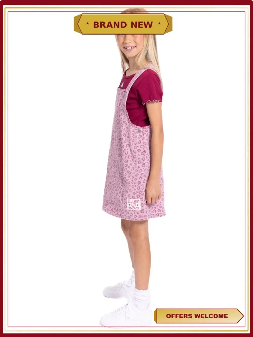 Girls 2 Piece Set - Ribbed Tee & Denim Jumper Dress with Hello Kitty